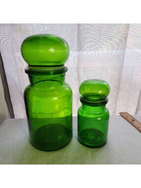 Set Of 2 Vintage Green Glass Apothecary Jars With Lids Made In Belgium